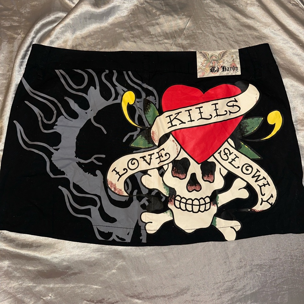 Ed Hardy Black Skirt with Skull and Heart Design